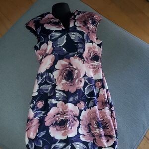 Connected Apparel Pink and Black Floral Midi Dress